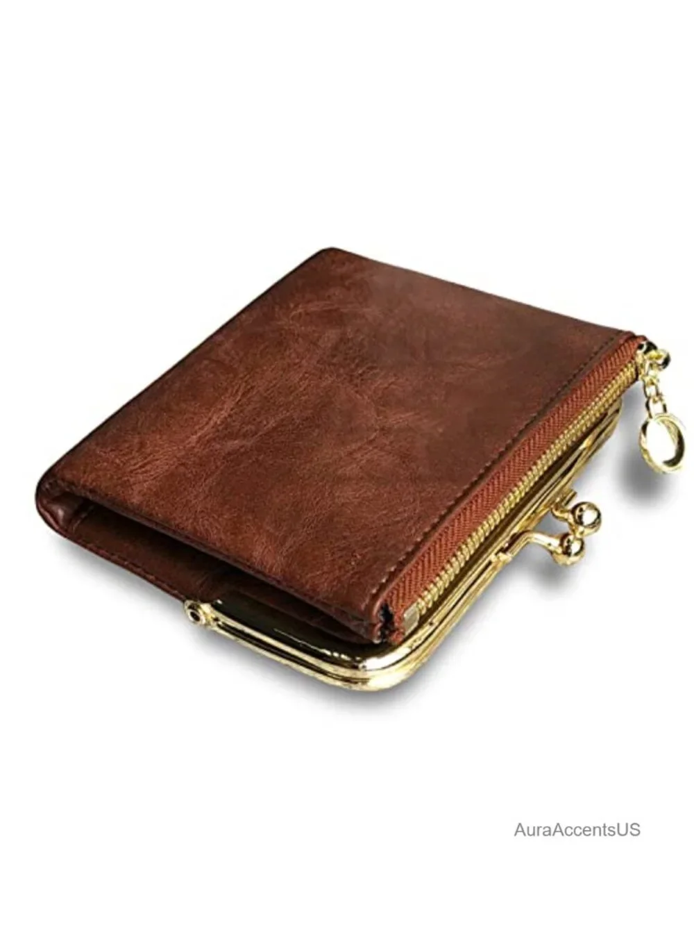 Vintage PU Leather Small Bifold Wallet for Women with Zipper & Kiss Lock
